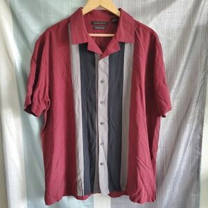 Axist Mens XL Washable Silk Button Down Shirt Burgundy Cream Bowling Retro